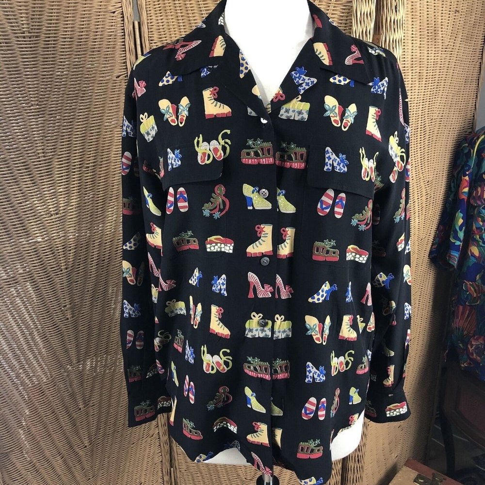 vintage Ann May blouse silk small shoe footwear print Long Sleeve